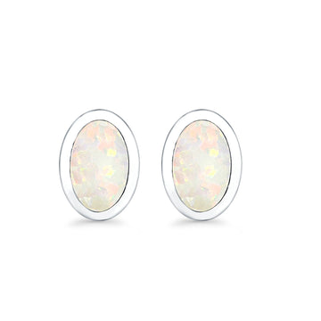 Oval Stud Earrings Lab Created White Opal 925 Sterling Silver (7mm)